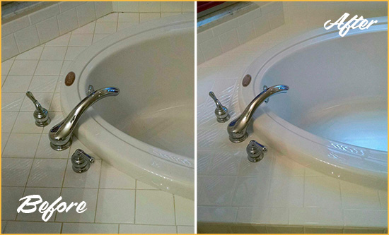 Before and After Picture of Tub Caulking on the Joints of this Bathtub