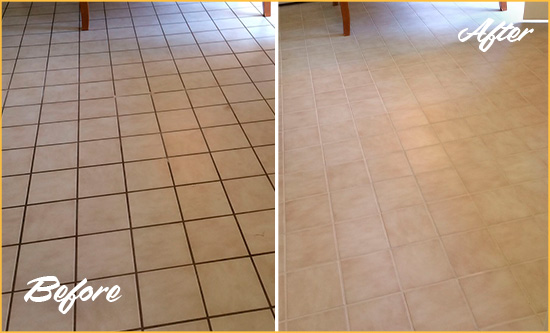 Before and After Picture of a Dash Point Kitchen Tile and Grout Cleaned to Remove Embedded Dirt