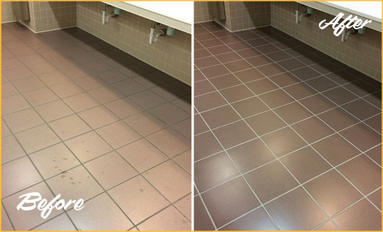 Before and After Picture of a Black Diamond Restrooms Tile and Grout Cleaned to Remove Embedded Dirt