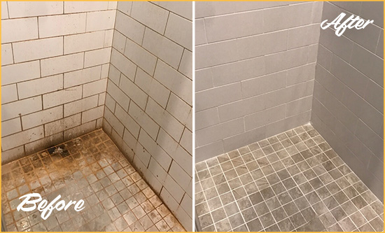 Before and After Picture of a Harstine Island Shower Tile and Grout Cleaned to Eliminate Mold and Stains