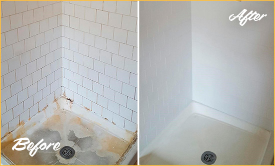 Before and After Picture of a Fragaria Shower Tile and Grout Cleaned to Remove Soap Scum