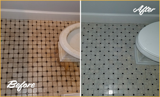 Before and After Picture of a Black Diamond Bathroom Tile and Grout Cleaned to Remove Stains