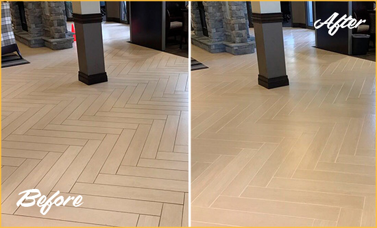 Before and After Picture of a Black Diamond Office Floor Tile and Grout Cleaned to Remove Stains