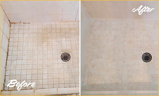 Before and After Picture of a Kamilche Shower Caulked to Fix Cracks
