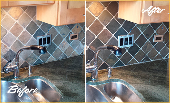 Before and After Picture of a Holly Backsplash Caulked to Fix and Prevent Water Leaks
