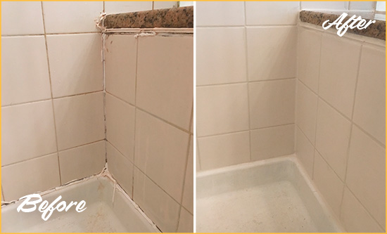Before and After Picture of a Gorst Shower Caulked to Repair Damaged Caulking