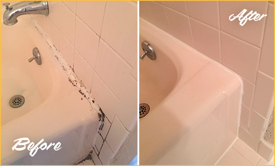 Before and After Picture of a Holly Bathroom Sink Caulked to Fix a DIY Proyect Gone Wrong