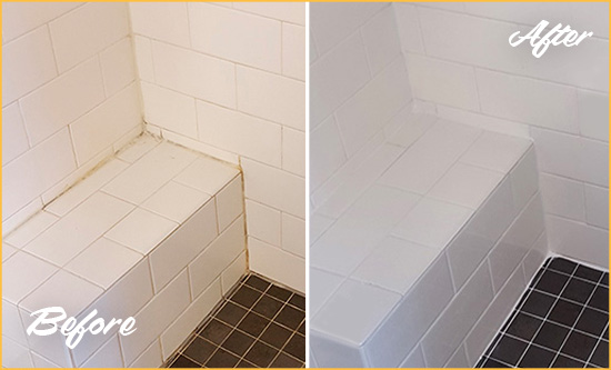 Before and After Picture of a Kamilche Shower Seat Caulked to Protect Against Mold and Mildew Growth
