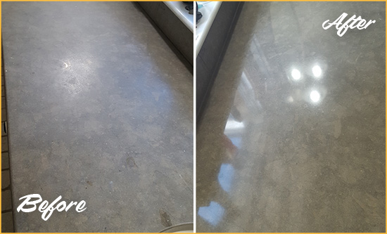 Before and After Picture of a Dull Keyport Limestone Countertop Polished to Recover Its Color