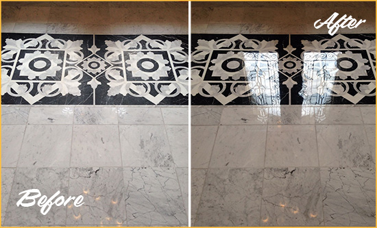 Before and After Picture of a McNeil Island Marble Stone Floor Polished to a Mirror Shine