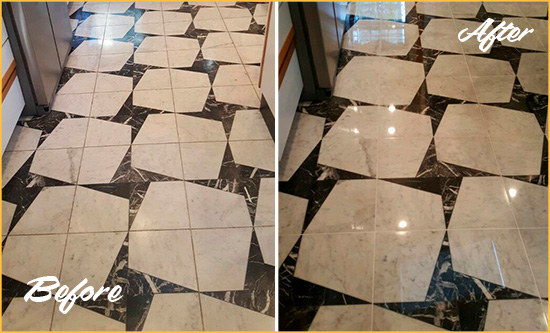 Before and After Picture of a Dull Port Gamble Tribal Community Marble Stone Floor Polished To Recover Its Luster