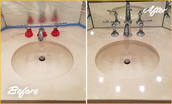 Before and After Picture of a Dull Canterwood Marble Stone Vanity Top Polished to Bring-Back Its Sheen