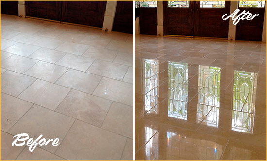 Before and After Picture of a Dull Roy Travertine Stone Floor Polished to Recover Its Gloss