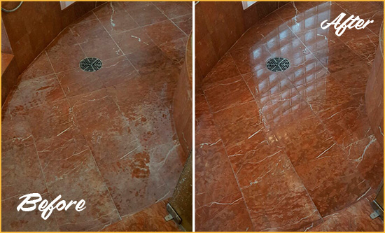 Before and After Picture of a McMillin Marble Stone Shower Polished to Eliminate Mineral Deposits