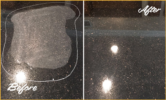 Before and After Picture of a Bucoda Granite Stone Countertop Polished to Remove Scratches