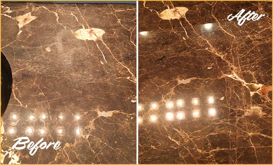 Before and After Picture of a Tanner Marble Stone Countertop Polished to Eliminate Stains