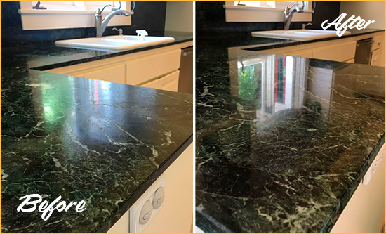 Before and After Picture of a White Center Marble Stone Counter Polished to Eliminate Water Marks