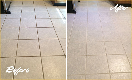 Before and After Picture of a Camp Murray Kitchen Ceramic Floor Sealed to Protect From Dirt and Spills