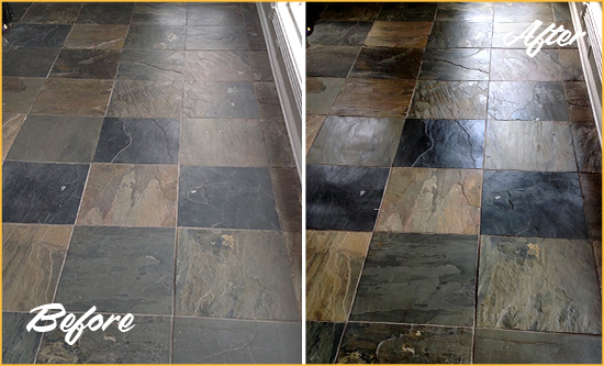Before and After Picture of a Dull Lakeland South Slate Floor Sealed to Bring Back Its Colors