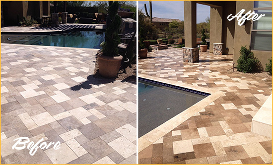 Before and After Picture of a Faded Harper Travertine Pool Deck Sealed For Extra Protection
