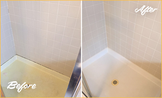 Before and After Picture of a Burnett Shower Sealed to Remove and Protect Against Mold