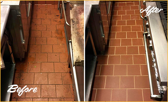Before and After Picture of a Camp Murray Restaurant Kitchen Floor Sealed to Remove Soil