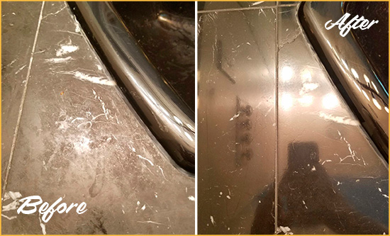 Before and After Picture of a Fircrest Marble Countertop Cleaned to Remove Deep Dirt