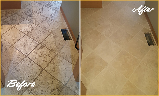Before and After Picture of a Gate Kitchen Marble Floor Cleaned to Remove Embedded Dirt