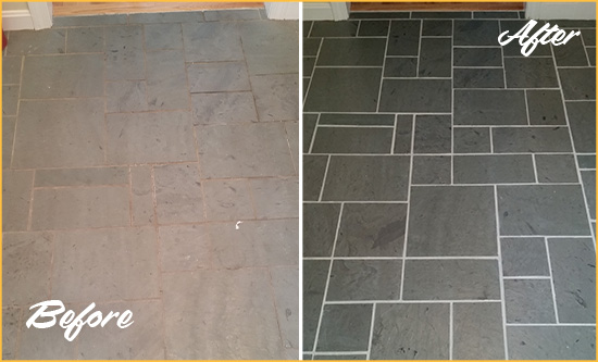 Before and After Picture of a Fircrest Slate Floor Cleaned to Remove Deep-Seated Dirt