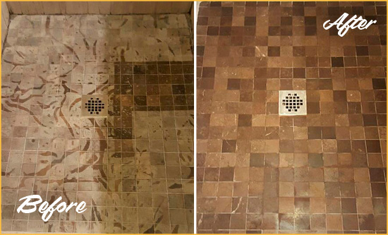 Before and After Picture of a Stained Gate Marble Shower Floor Cleaned to Remove Etching