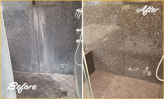 Before and After Picture of a Littlerock Granite Shower Cleaned to Remove Mineral Deposits