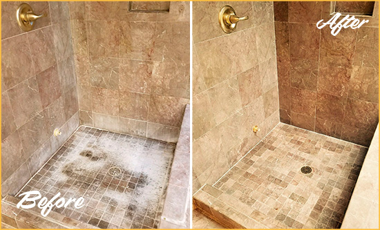 Before and After Picture of a Lake Lawrence Travertine Shower Cleaned to Eliminate Water Spots