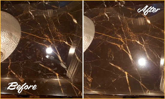 Before and After Picture of a Lake Lawrence Marble Countertop Cleaned to Remove Water Spots