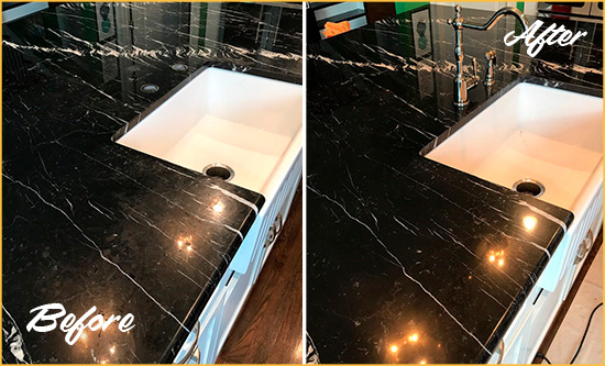 Before and After Picture of a Carnation Marble Kitchen Countertop Stone Sealed to Avoid Water Damage