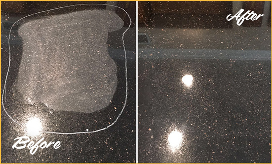 Before and After Picture of a Herron Island Granite Kitchen Countertop Honed to Eliminate Scratch