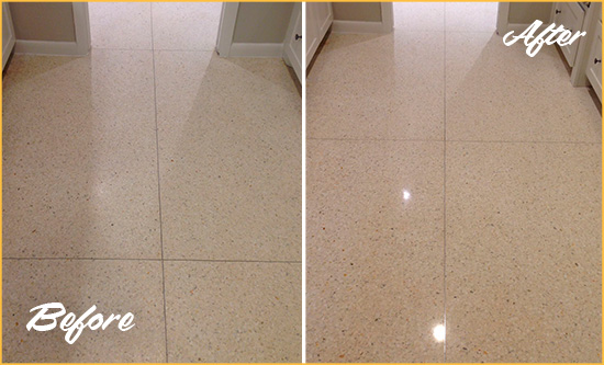 Before and After Picture of a Dull Glencove Granite Floor Honed to Recover Its Sheen