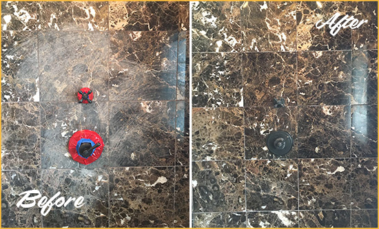 Before and After Picture of a Key Center Marble Shower Honed to Remove Scratches