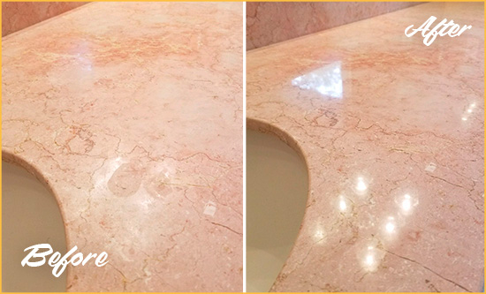 Before and After Picture of a Kariotis Marble Vanity Top Honed to Eliminate Water Spots
