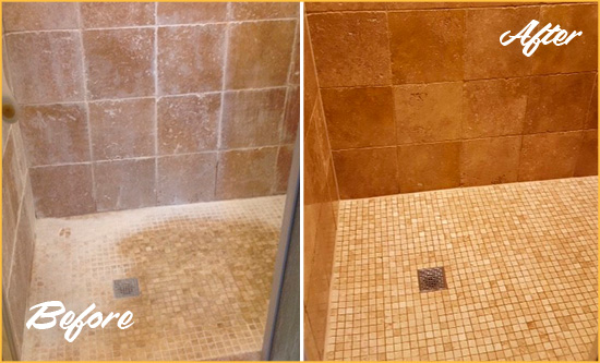 Before and After Picture of a Kanaskat Travertine Shower Honed to Remove Mineral Deposits