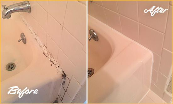 Before and After Picture of a Rocky Point Hard Surface Restoration Service on a Tile Shower to Repair Damaged Caulking