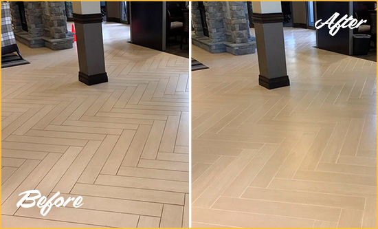 Before and After Picture of a Electron Hard Surface Restoration Service on an Office Lobby Tile Floor to Remove Embedded Dirt