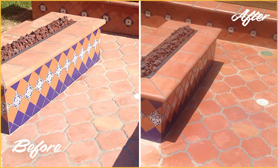 Before and After Picture of a Seabeck Hard Surface Restoration Service on a Dull Terracotta Patio Floor to Recover Its Color