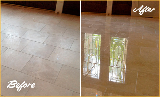 Before and After Picture of a Buckley Hard Surface Restoration Service on a Dull Travertine Floor Polished to Recover Its Splendor