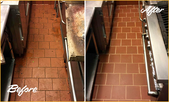 Before and After Picture of a Lake Joy Hard Surface Restoration Service on a Restaurant Kitchen Floor to Eliminate Soil and Grease Build-Up