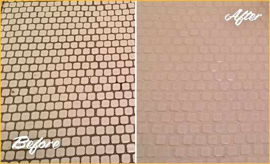 Before and After Picture of a Fernwood Hard Surface Restoration Service on a Bathroom Tile Floor Recolored to Fix Grout Color