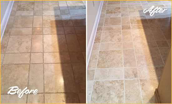 Before and After Picture of Gig Harbor Kitchen Floor Grout Cleaned to Recover Its Color
