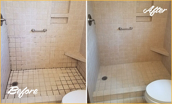 Before and After Picture of a Enetai Shower Grout Cleaned to Remove Mold