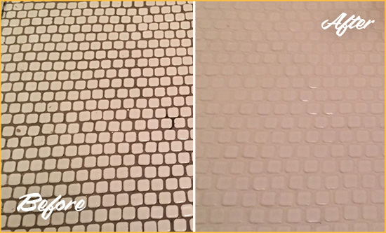 Before and After Picture of a Belfair Mosaic Tile floor Grout Cleaned to Remove Dirt