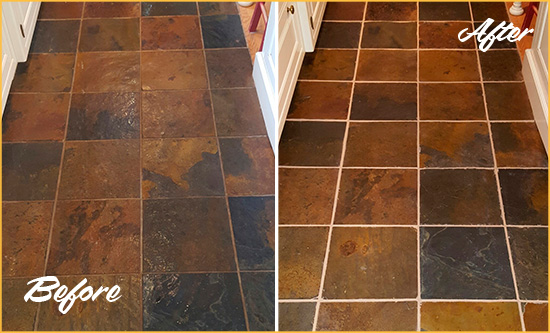 Before and After Picture of Gig Harbor Slate Floor Grout Cleaned to Remove Dirt