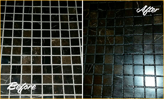 Before and After Picture of a Camp Murray Black Floor with Recolored Grout